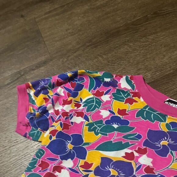 Vintage Gitano Girls Floral Ringer Shirt Pink Girls Size L 14 Cotton Retro 90s - Picture 3 of 11